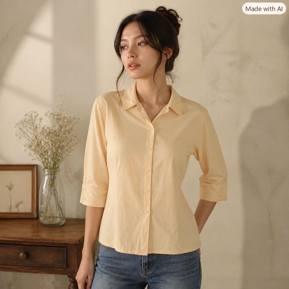 Vintage Ellen Ashley Light Yellow Button‑Down Blouse | Size Medium | 70s 80s Ret